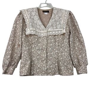 Vintage USA Made Bohemian Peter Pan Crochet Collar Puff Sleeve Blouse